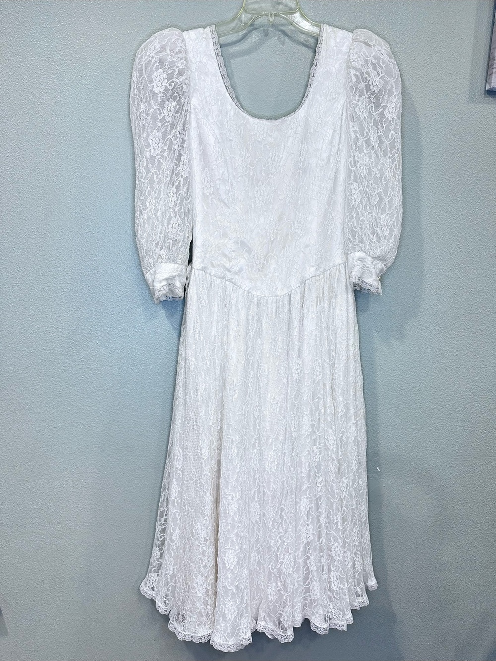 Vintage 80s Handmade Lace Wedding Dress Tea Length Puff Sleeve Bow Back Bridal